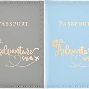 REEKNOKOL Passport Holder, 2 Pcs Leather Passport Cover PU Passport Holder Travel Wallet for Passport, Credit Card, Ticket Card, Business Cards, Boarding Passes (Blue+Grey)