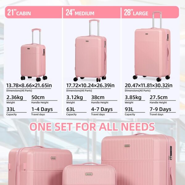 H.yeed Luggage Sets Suitcase Carry On Hand Cabin ABS Hard Shell 4 Double Spinning Wheels TSA Lock Small/Medium/Large Luggage Suitcase - 3 Piece Set (20"/24"/28") (Pink, 3 Pcs Set (20" 24" 28")) - Image 7