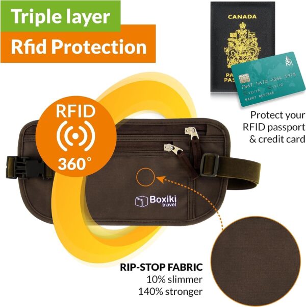 Boxiki Travel Brown Money Belt with RFID Sleeves Set - 8 Pcs Navy Blue | Secure Waist Bag and RFID Card Holder for Men and Women - Image 3