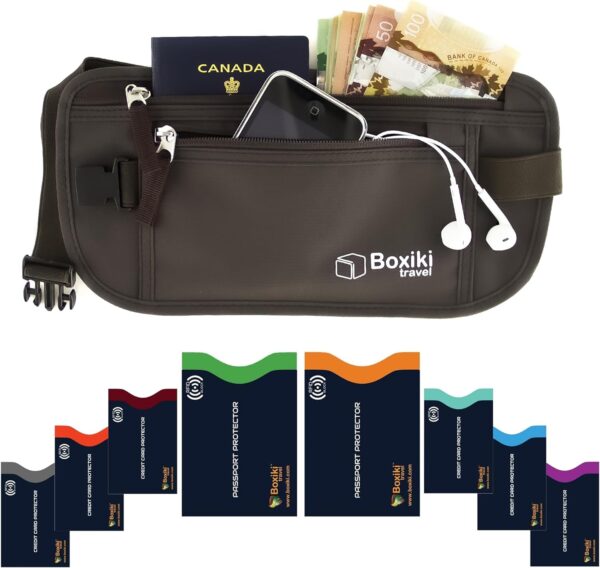 Boxiki Travel Brown Money Belt with RFID Sleeves Set - 8 Pcs Navy Blue | Secure Waist Bag and RFID Card Holder for Men and Women