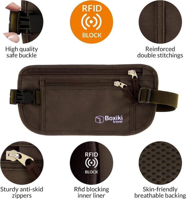 Boxiki Travel Brown Money Belt with RFID Sleeves Set - 8 Pcs Navy Blue | Secure Waist Bag and RFID Card Holder for Men and Women - Image 2